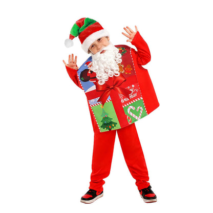 Kids Christmas Costume Gift Box with Hat Beard Jumpsuit Set