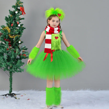 Girls Christmas Costume Dress Set with Scarf and Warmers