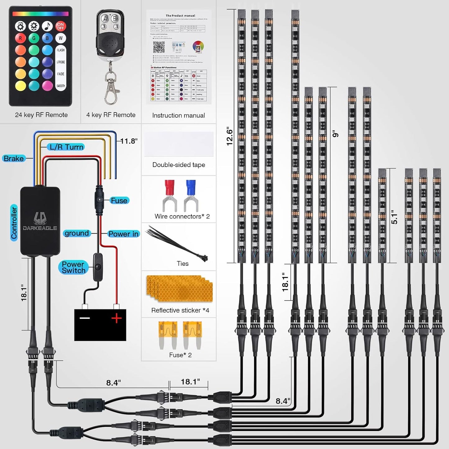 12pcs Motorcycle LED Light Kit Brake Light Turn Signal Set