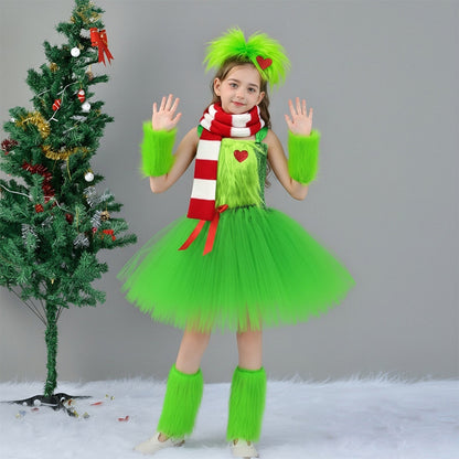 Girls Christmas Costume Dress Set with Scarf and Warmers