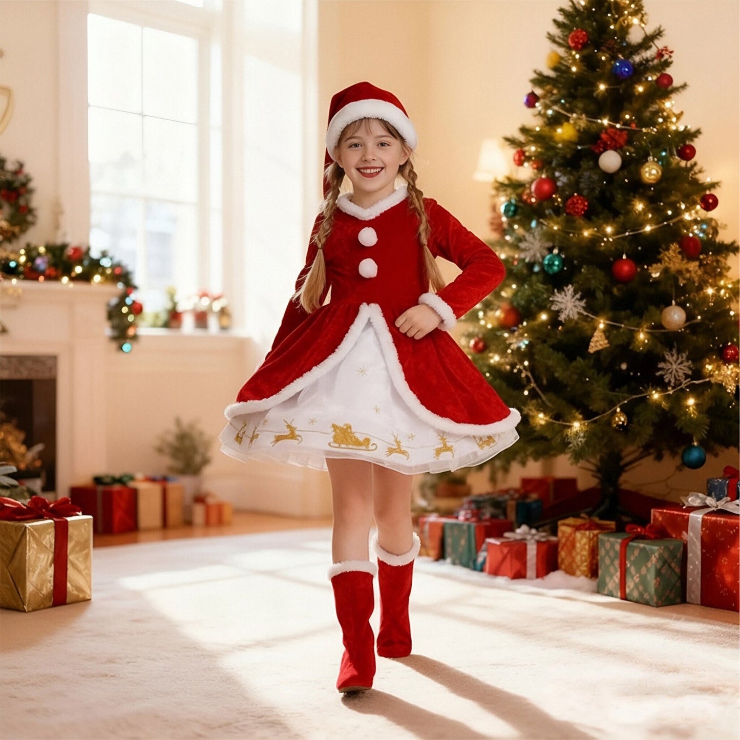 Girls Christmas Dress Santa Costume Long Sleeve Outfit