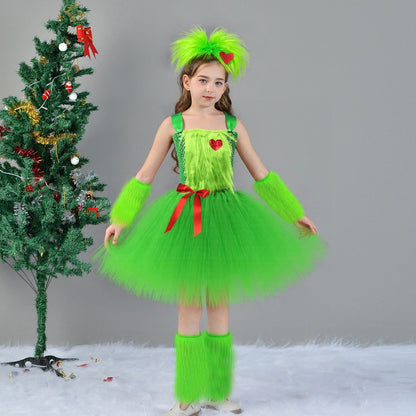 Girls Christmas Costume Dress Set with Scarf and Warmers