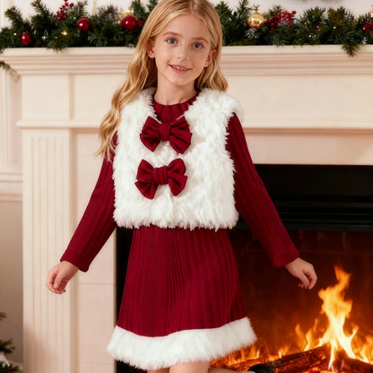 Girls Christmas Costume Dress Fleece Vest Set