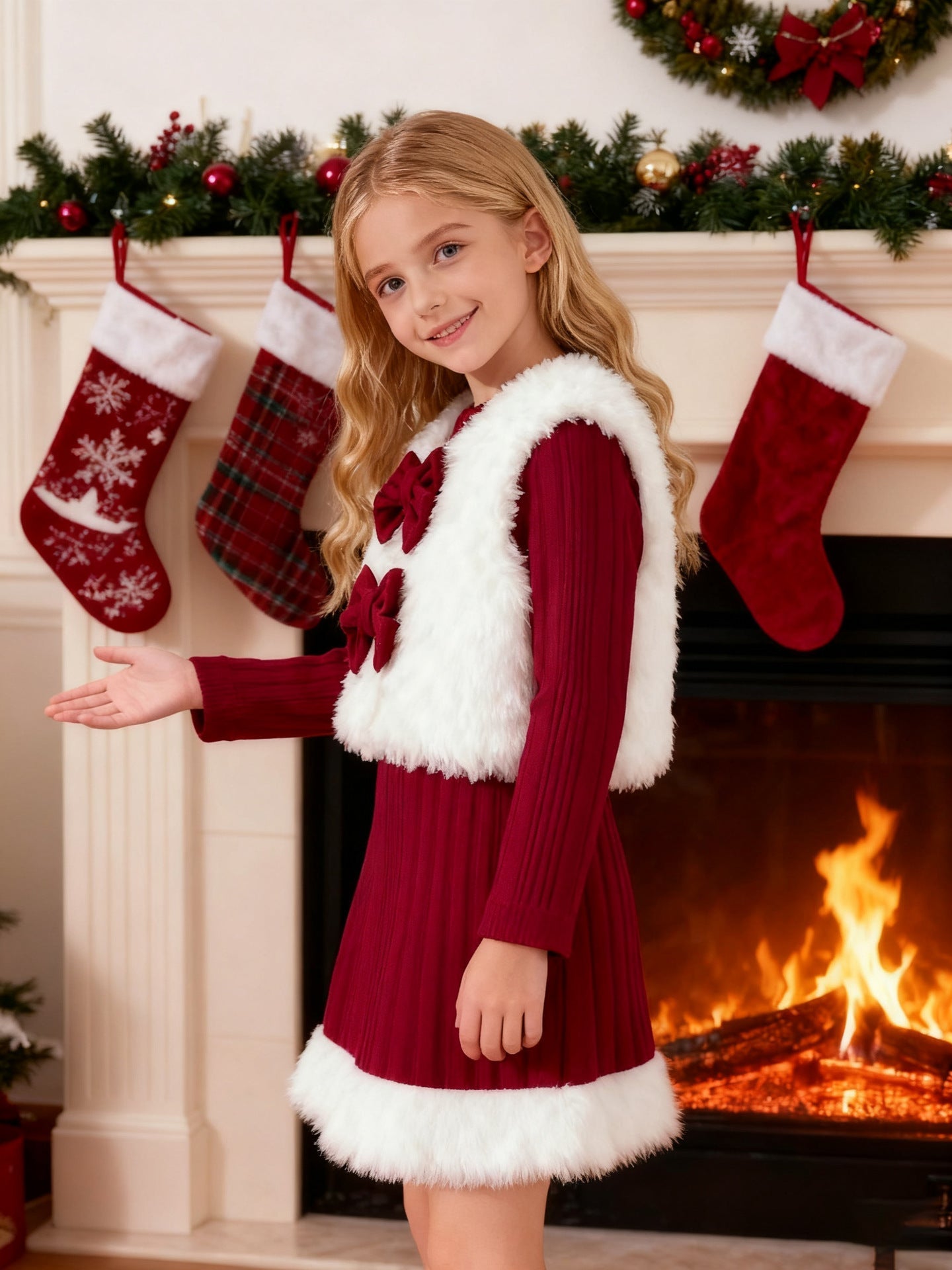 Girls Christmas Costume Dress Fleece Vest Set