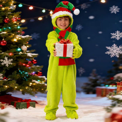 Kids Elf Costume Jumpsuit Hat Scarf Set