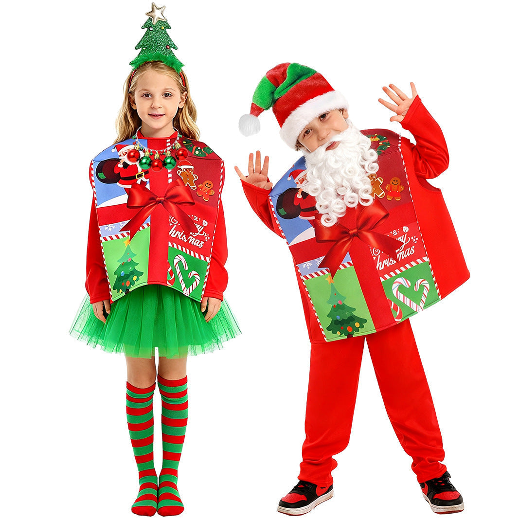 Kids Christmas Costume Gift Box with Hat Beard Jumpsuit Set