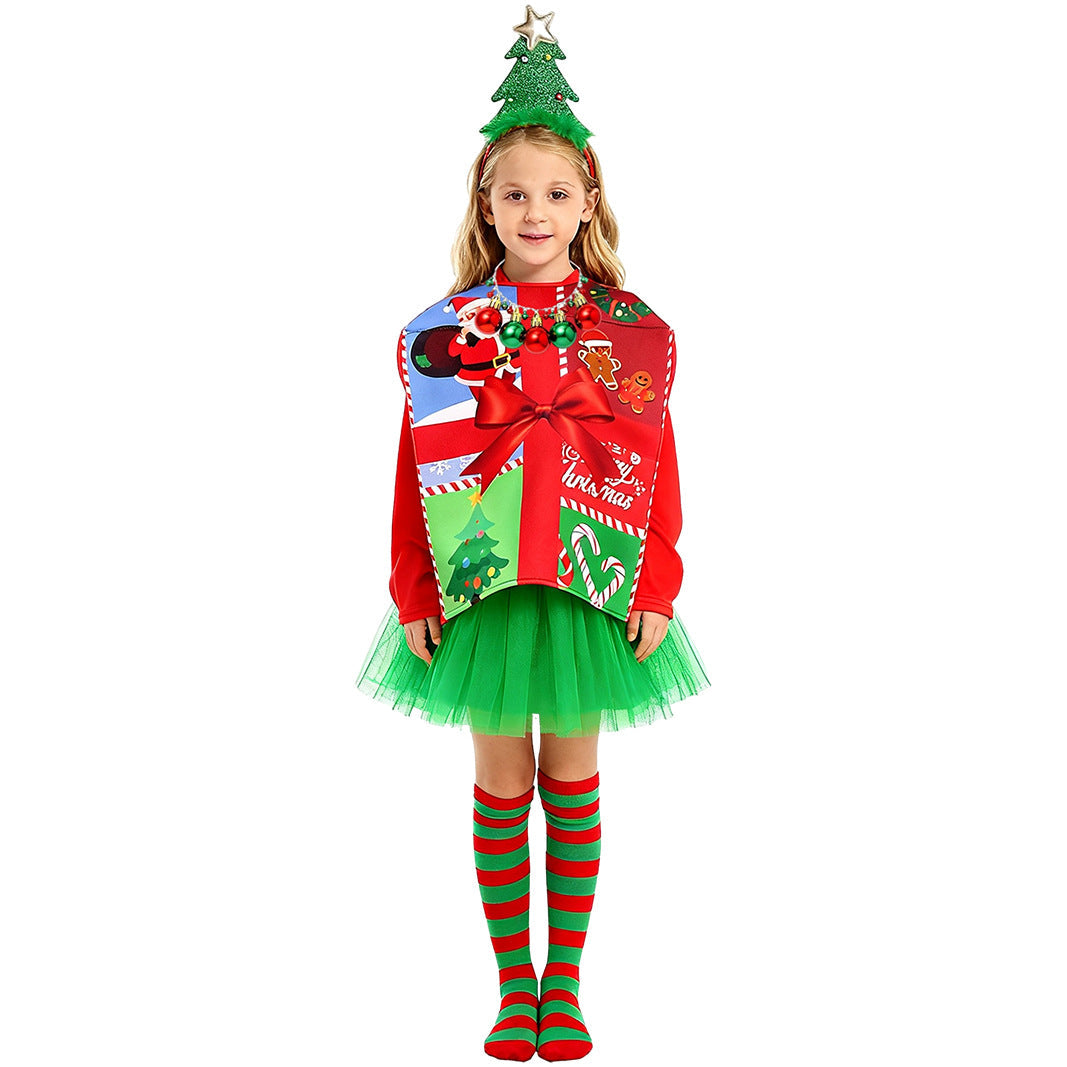 Kids Christmas Costume Gift Box with Hat Beard Jumpsuit Set