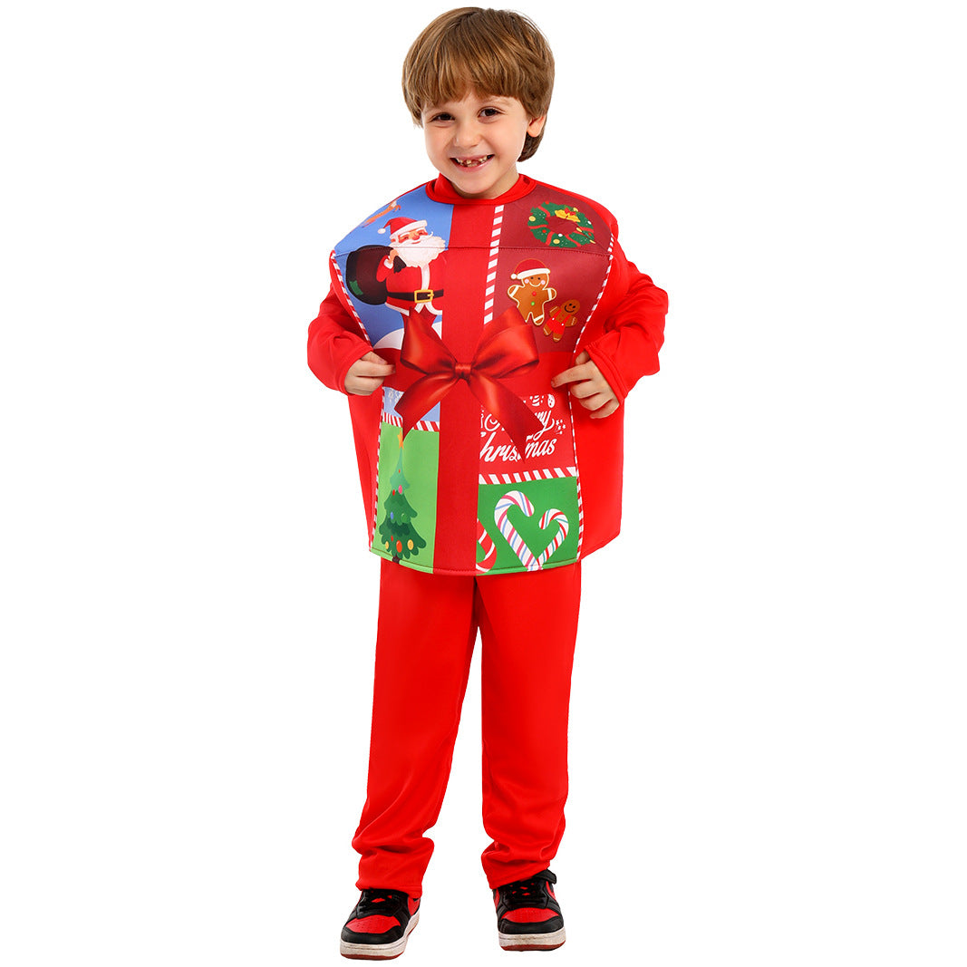 Kids Christmas Costume Gift Box with Hat Beard Jumpsuit Set