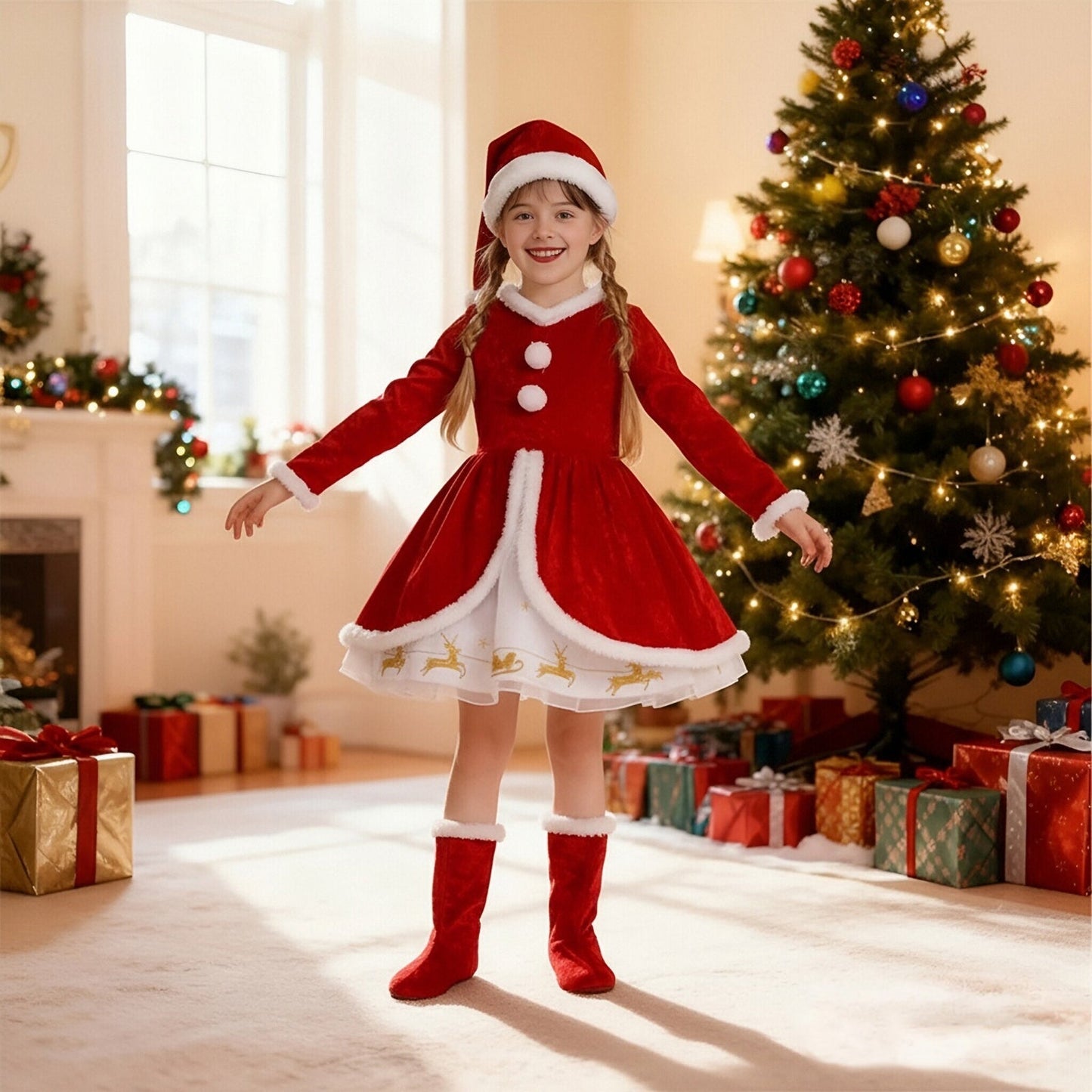 Girls Christmas Dress Santa Costume Long Sleeve Outfit
