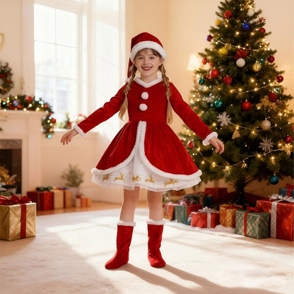 Girls Christmas Dress Santa Costume Long Sleeve Outfit