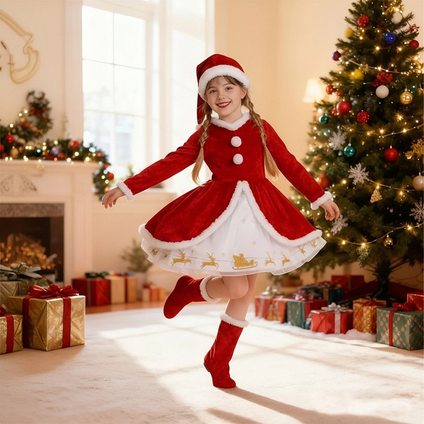 Girls Christmas Dress Santa Costume Long Sleeve Outfit