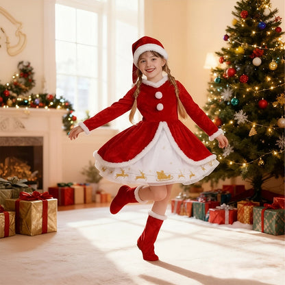 Girls Christmas Dress Santa Costume Long Sleeve Outfit