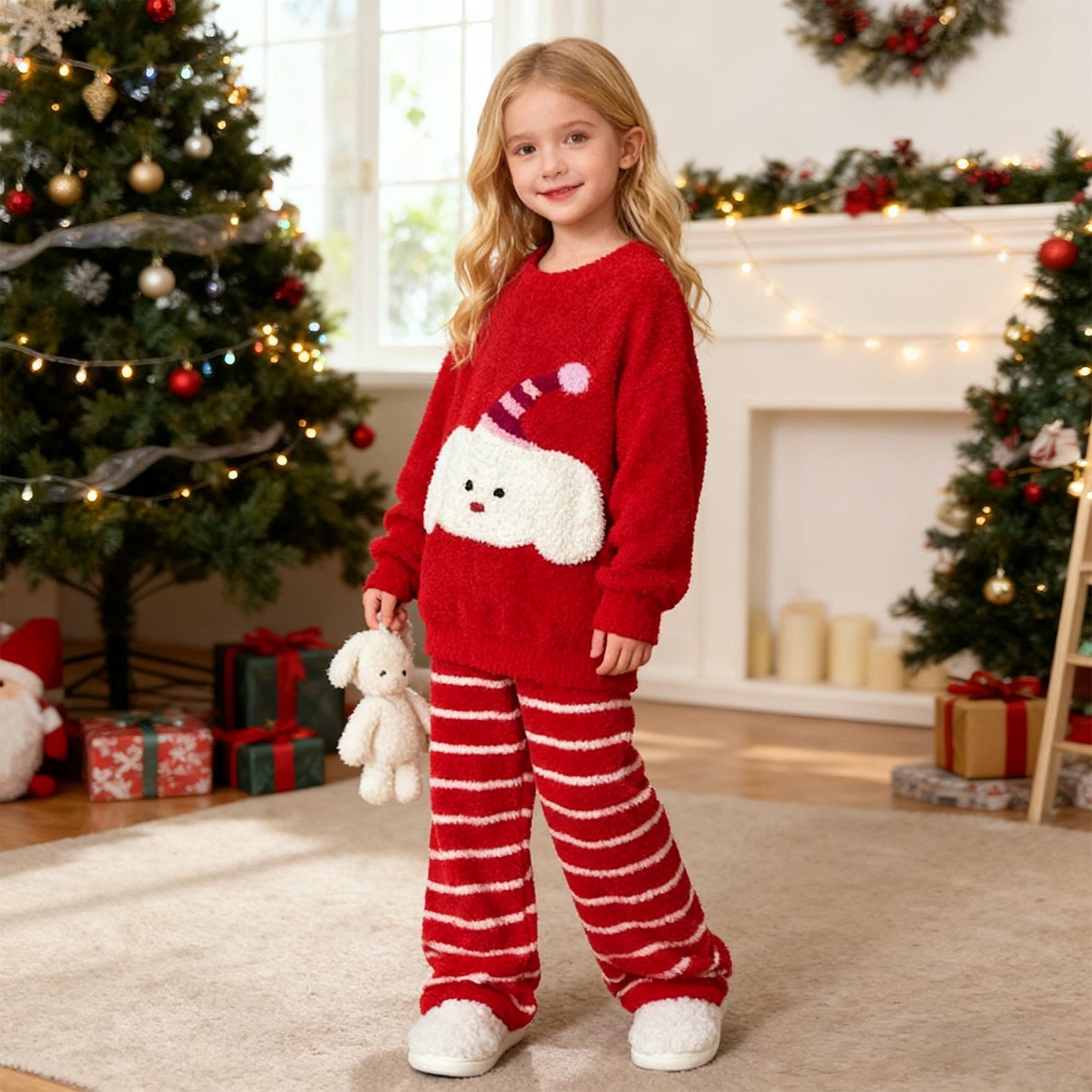 Girls Christmas Sweatshirt and Striped Trousers Set