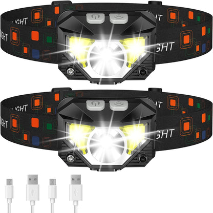 LED Rechargeable Headlamp Flashlight 2-Pack Waterproof Motion Sensor