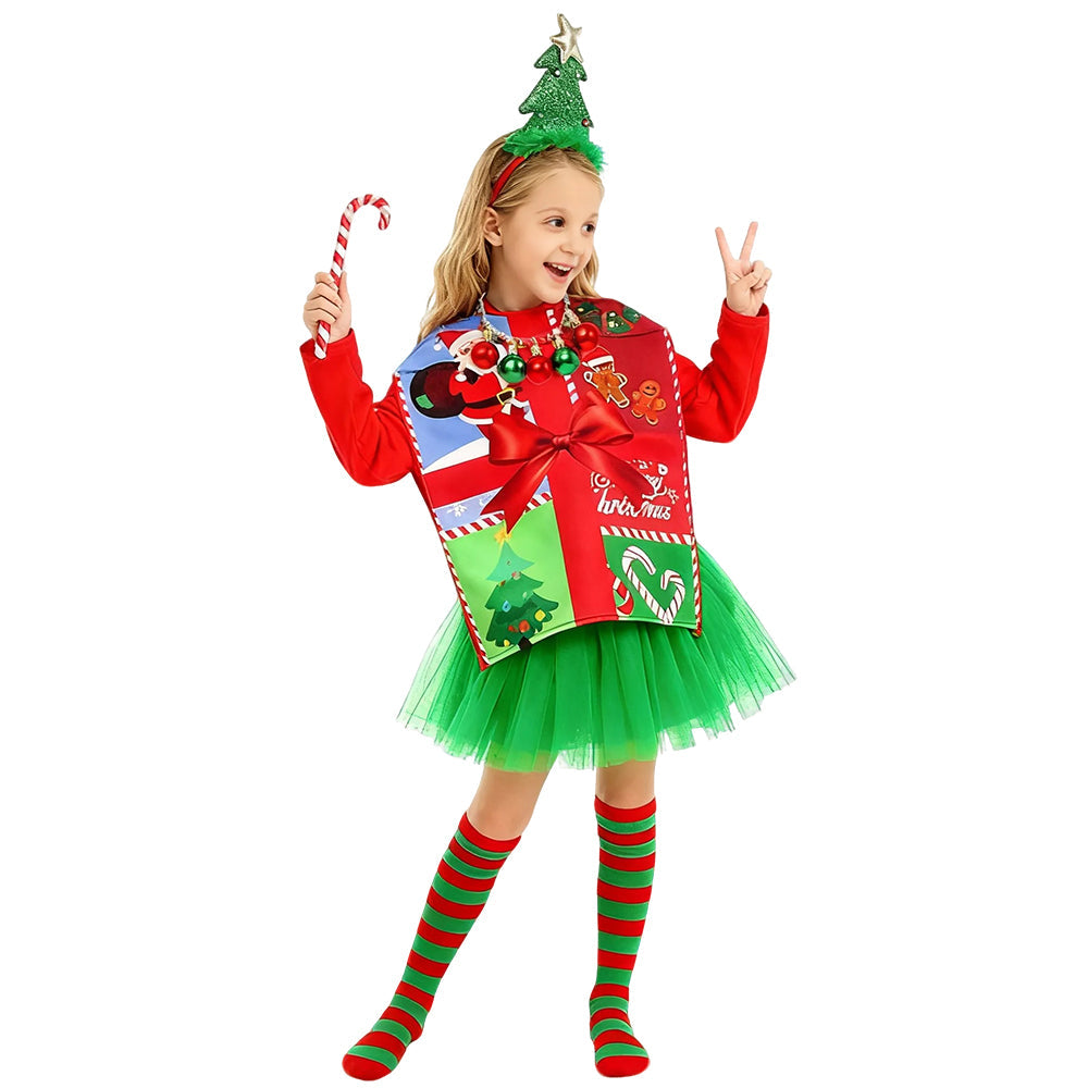 Kids Christmas Costume Gift Box with Hat Beard Jumpsuit Set