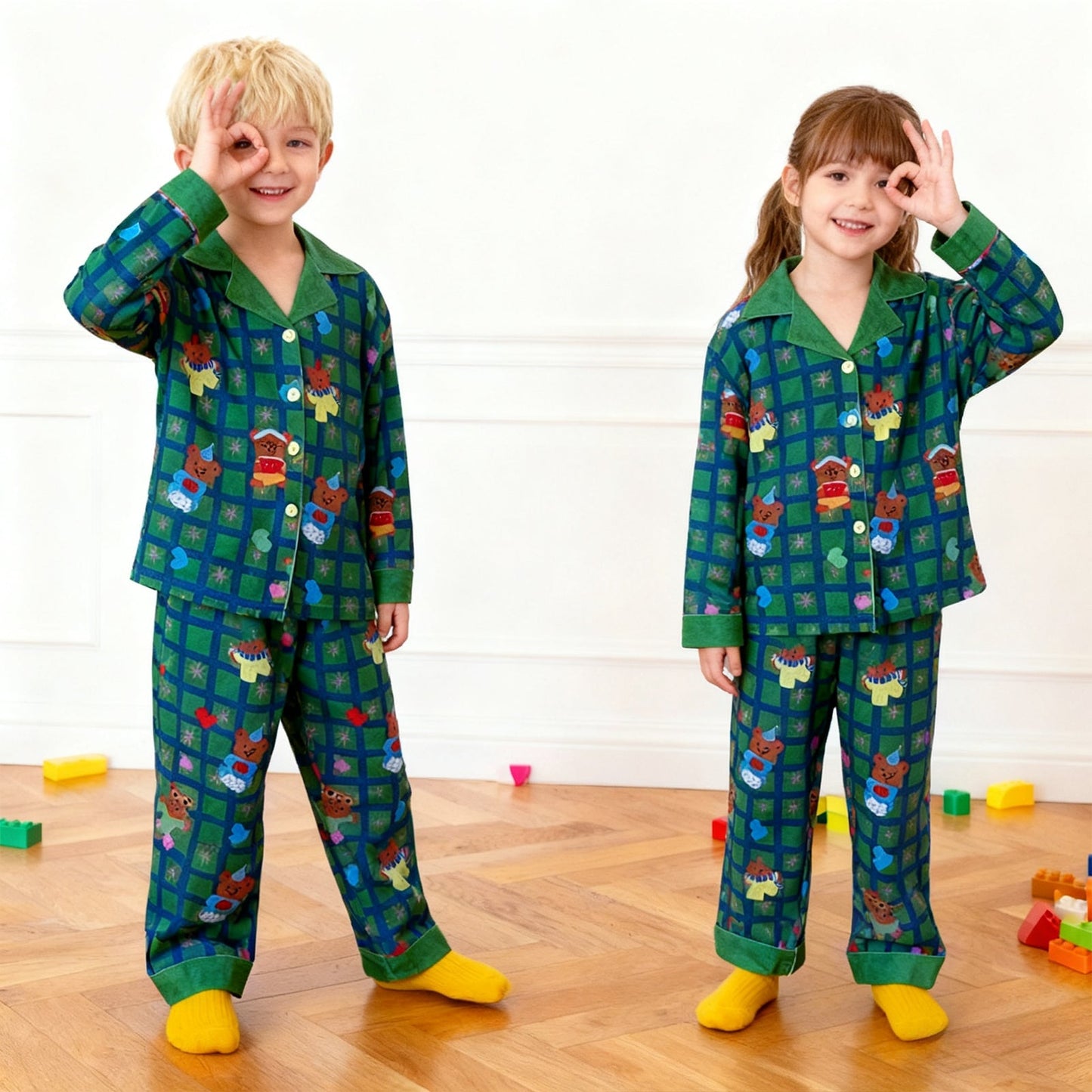 Kids Christmas Pyjamas Unisex Long Sleeve Button Down Plaid Jammies