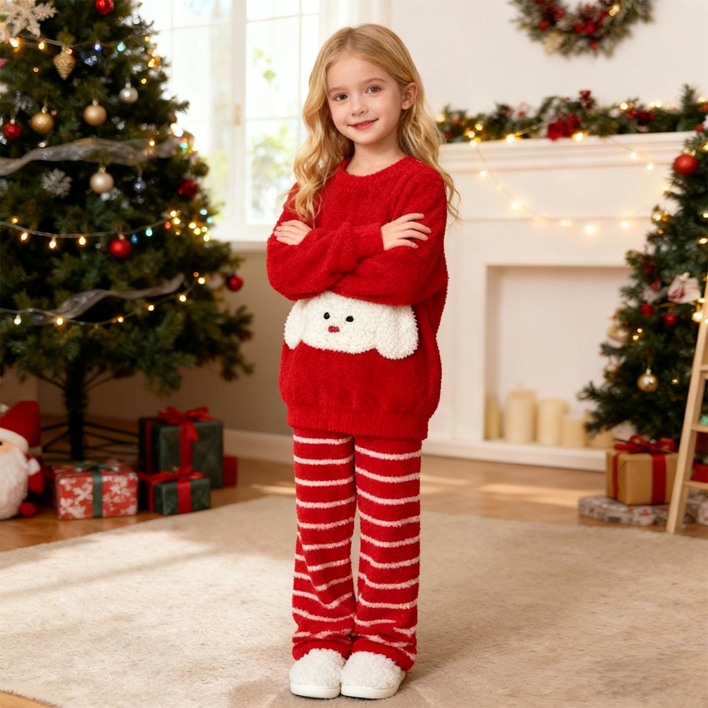 Girls Christmas Sweatshirt and Striped Trousers Set