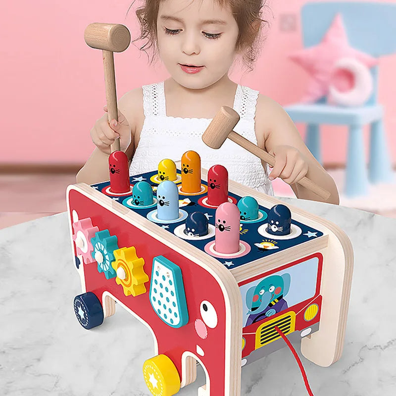 Montessori Wooden Elephant Motor Skills Toy Bus