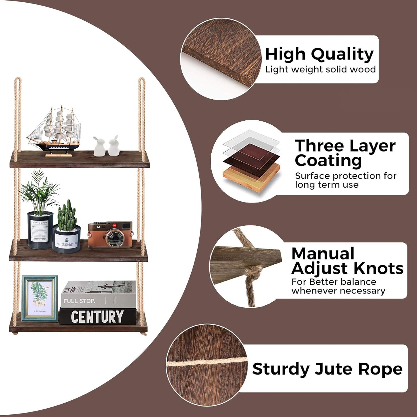 3-Tier Wall Shelf Hanging Shelf for Indoor Plants Decor