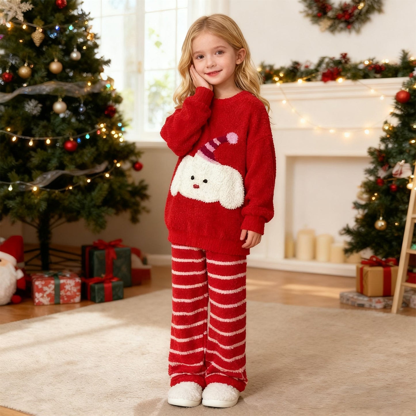 Girls Christmas Sweatshirt and Striped Trousers Set
