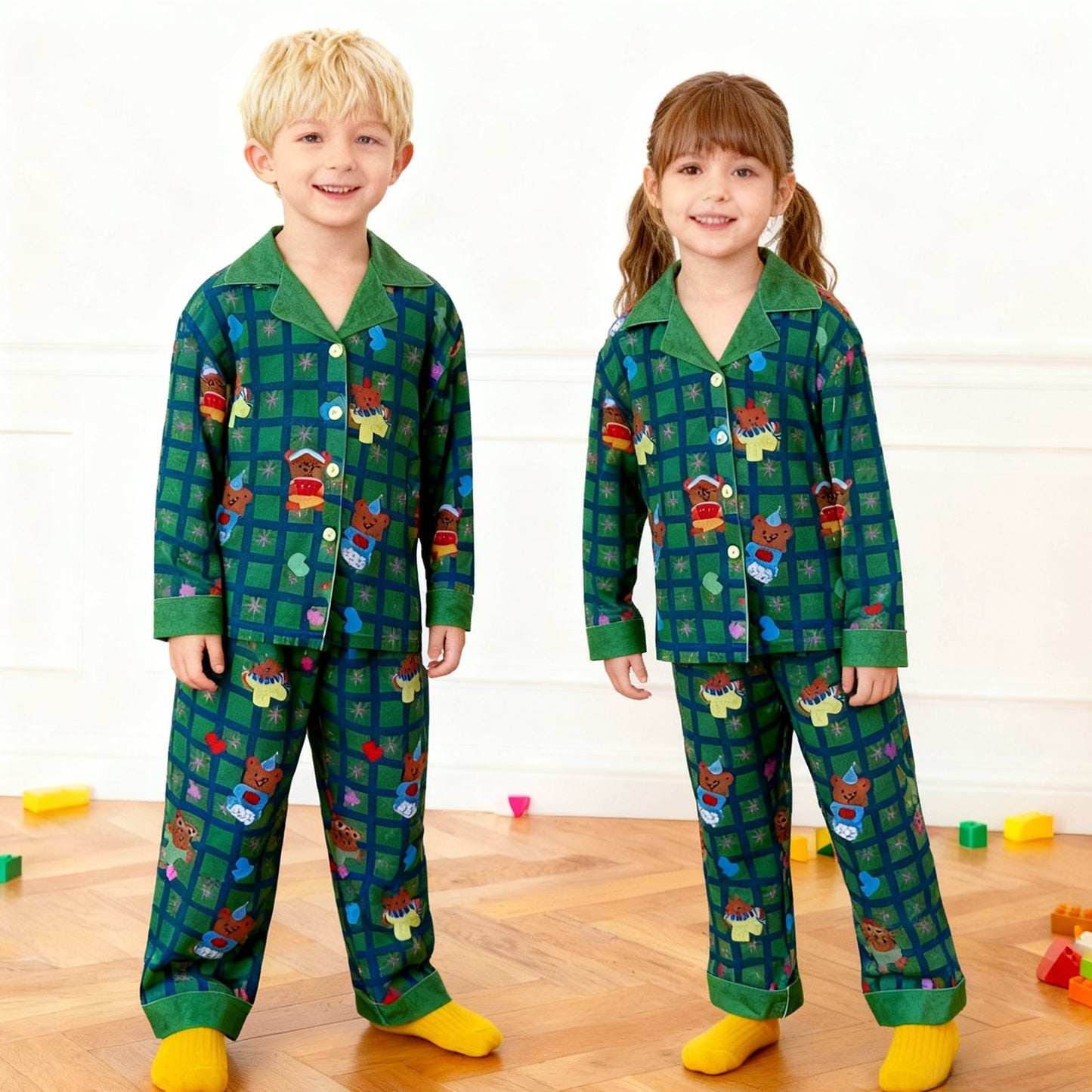 Kids Christmas Pyjamas Unisex Long Sleeve Button Down Plaid Jammies