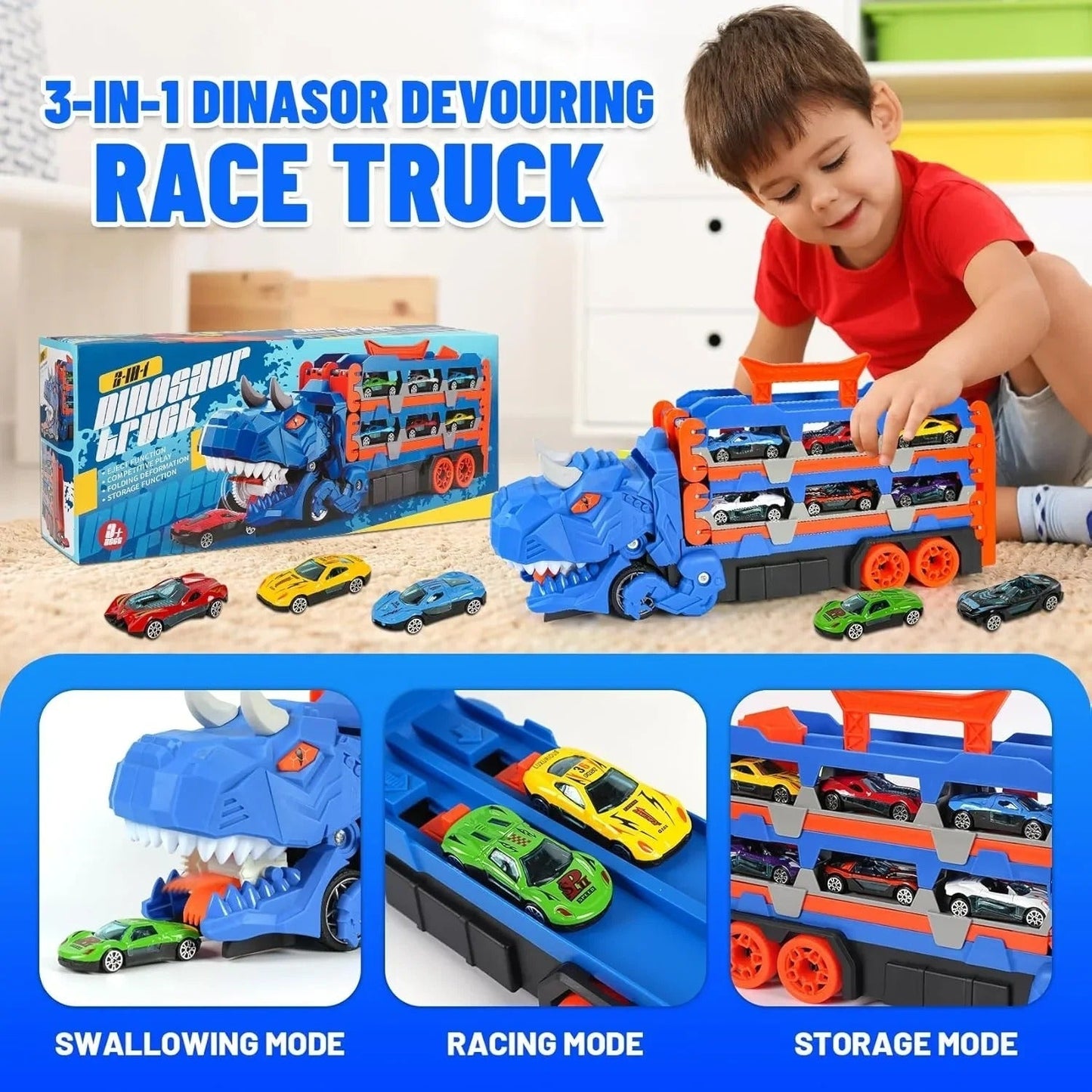 Dinosaur Race Track Toy Set with Alloy Cars and Catapult Track