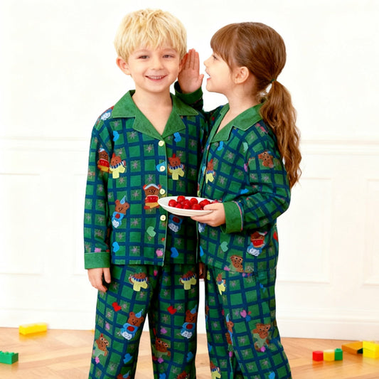 Kids Christmas Pyjamas Unisex Long Sleeve Button Down Plaid Jammies