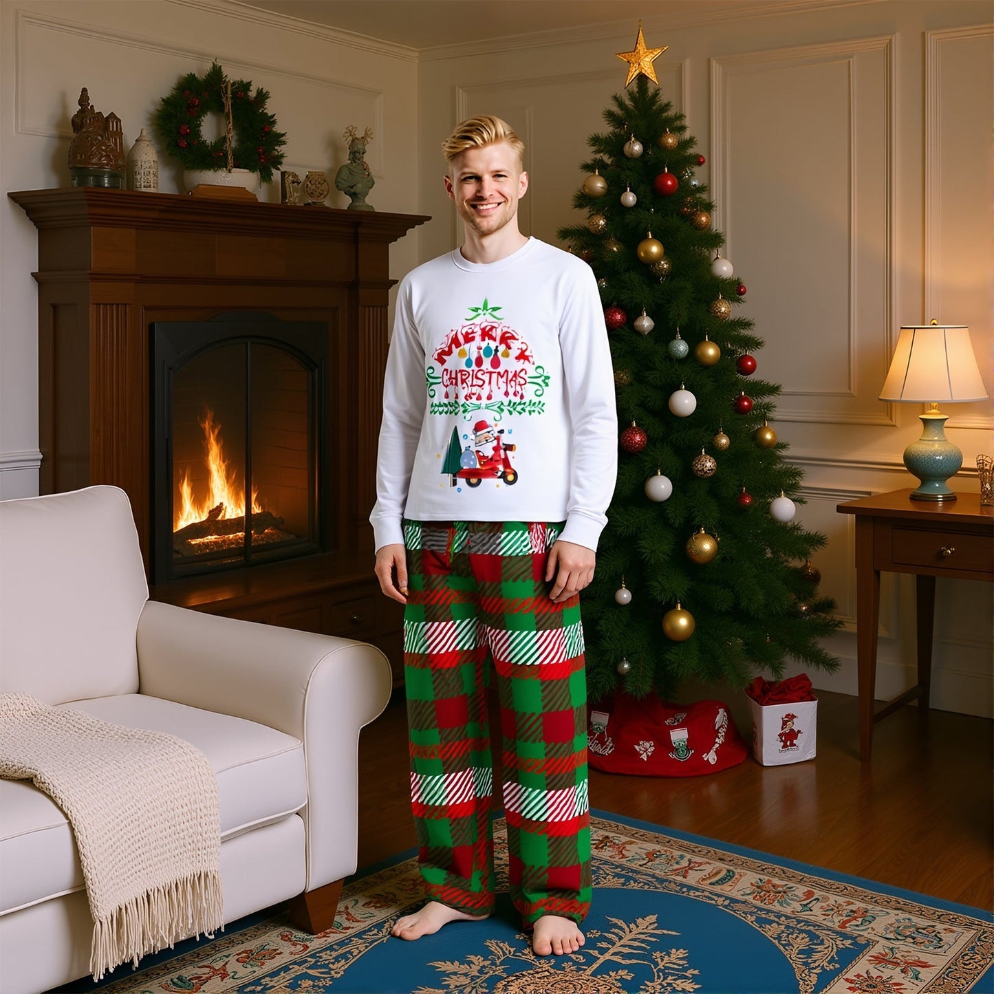 Family Christmas Pyjamas Set with Print Top and Trousers