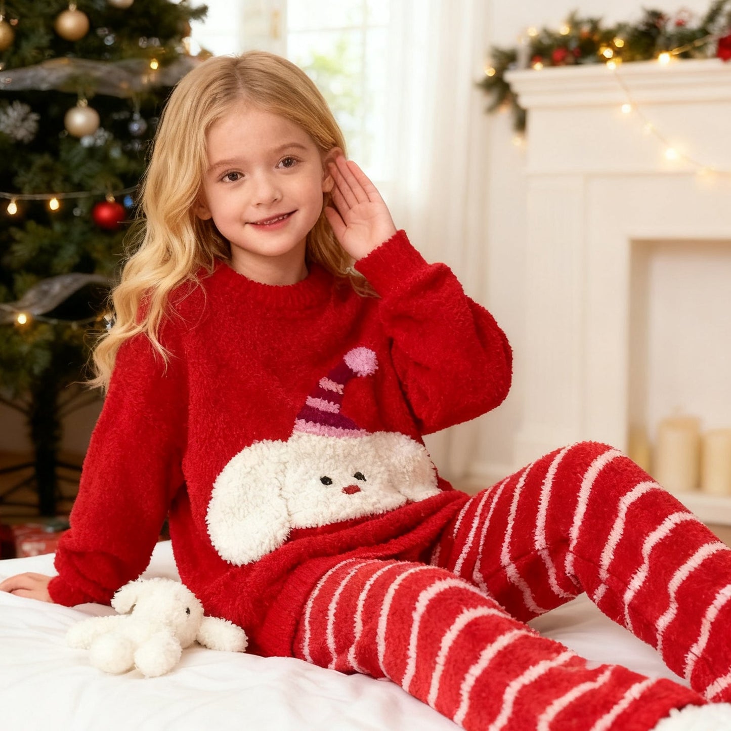 Girls Christmas Sweatshirt and Striped Trousers Set