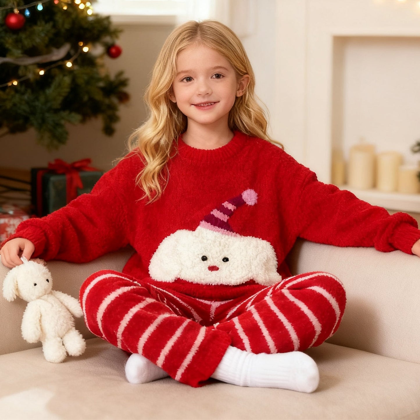Girls Christmas Sweatshirt and Striped Trousers Set