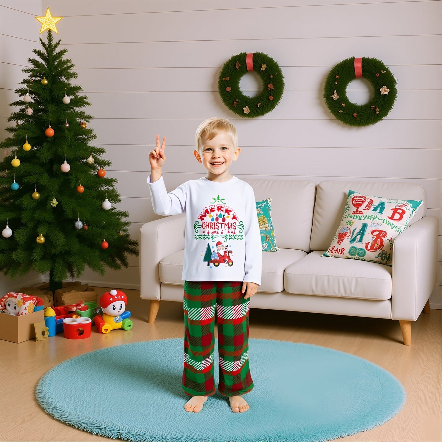 Family Christmas Pyjamas Set with Print Top and Trousers
