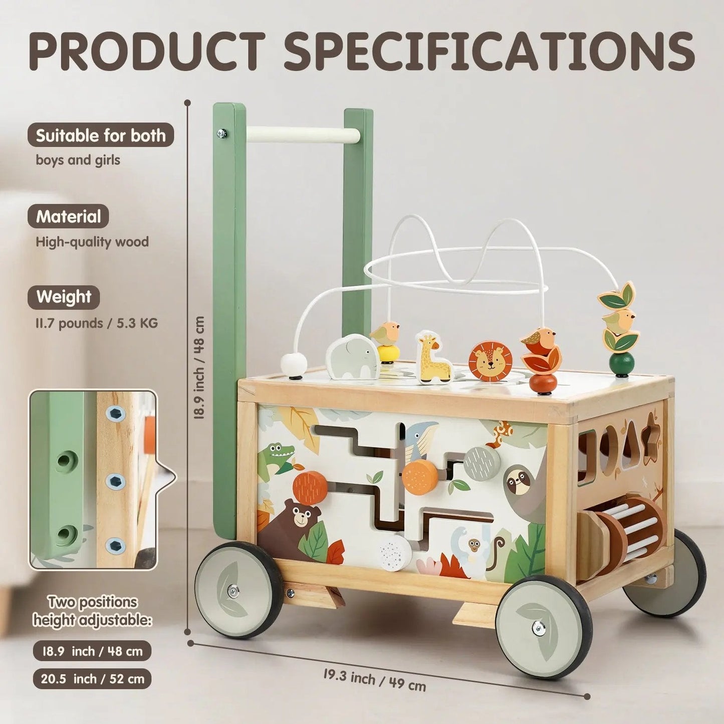 Adjustable Wooden Baby Push Walker