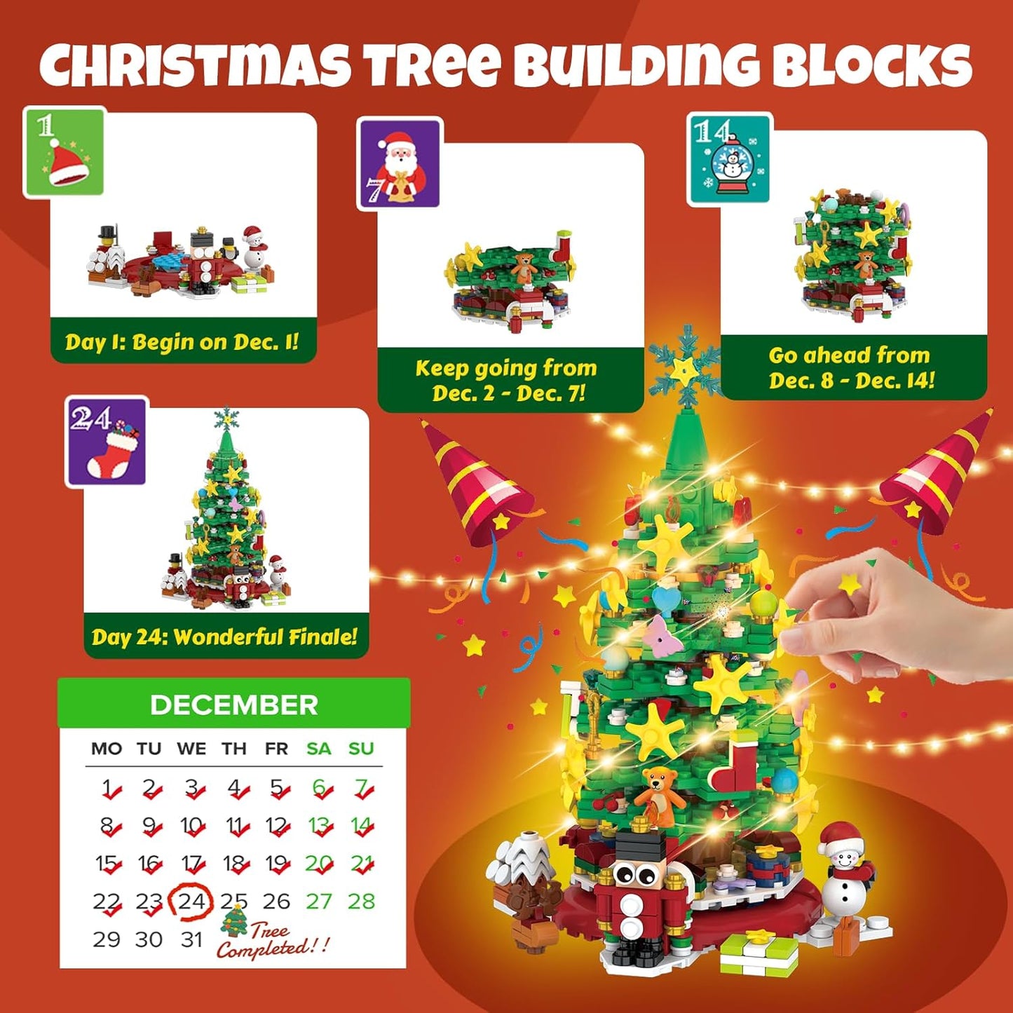 Advent Calendar Christmas Tree Building Block Set 24 Pieces Light Kit
