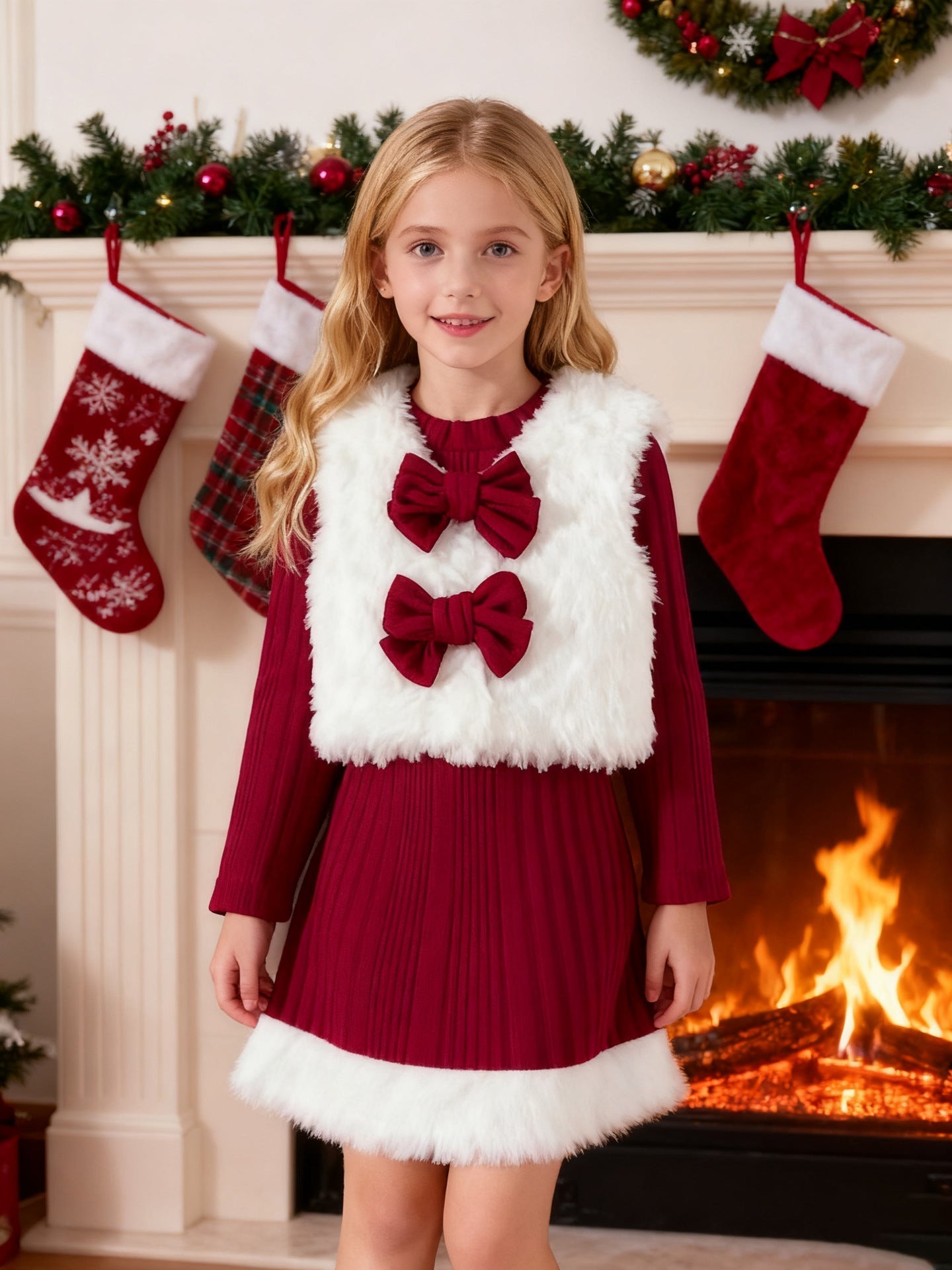 Girls Christmas Costume Dress Fleece Vest Set