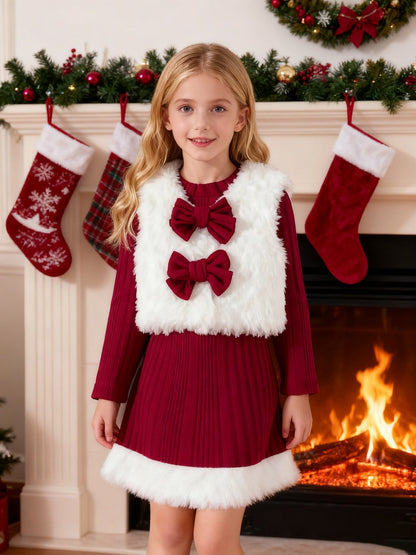 Girls Christmas Costume Dress Fleece Vest Set