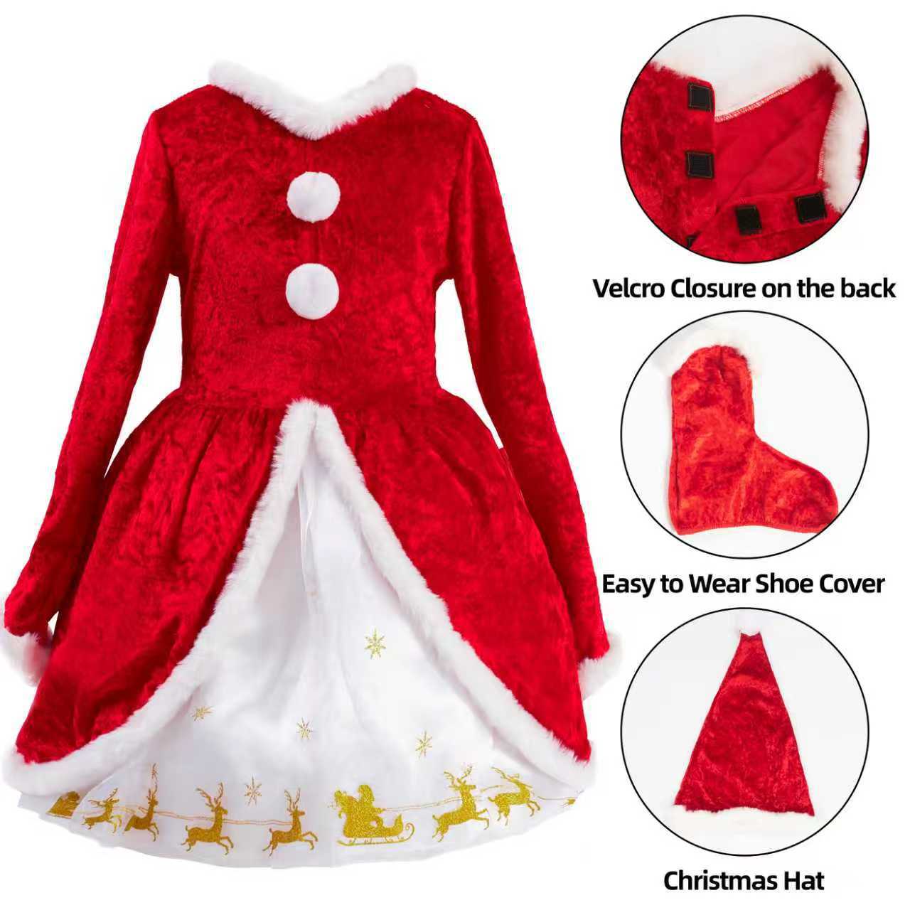 Girls Christmas Dress Santa Costume Long Sleeve Outfit