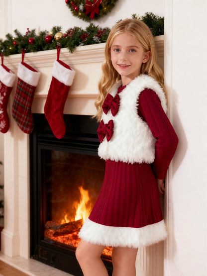 Girls Christmas Costume Dress Fleece Vest Set