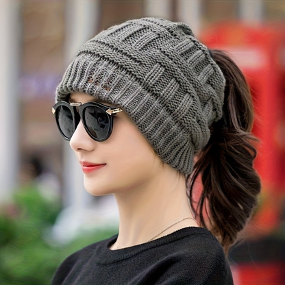 Women's Winter Beanie Hat with Messy Bun Opening