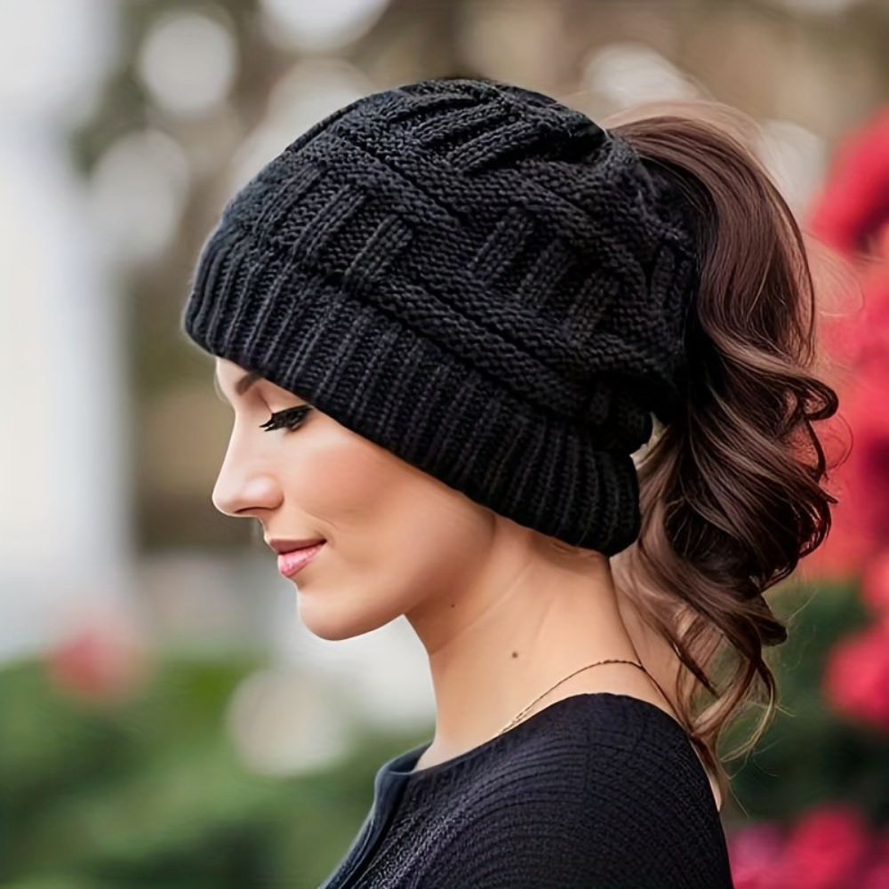 Women's Winter Beanie Hat with Messy Bun Opening