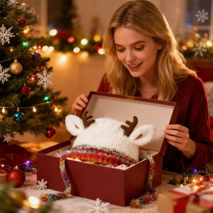 Women's Knit Beanie Hat with Antlers Winter Accessory