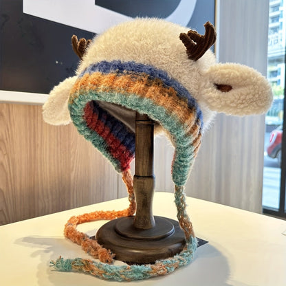 Women's Knit Beanie Hat with Antlers Winter Accessory
