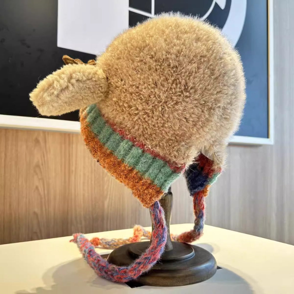 Women's Knit Beanie Hat with Antlers Winter Accessory