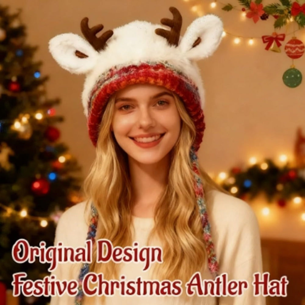 Women's Knit Beanie Hat with Antlers Winter Accessory