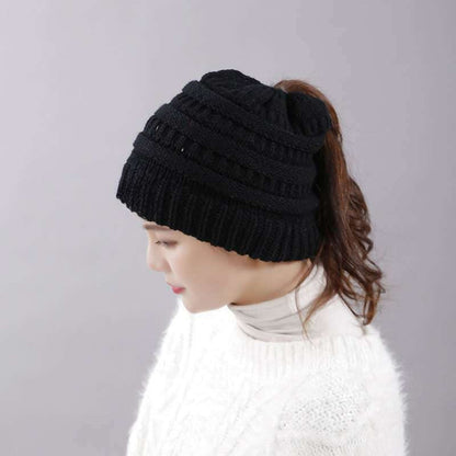Women's Winter Beanie Hat with Messy Bun Opening