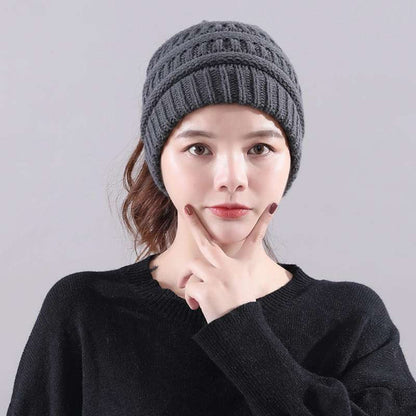 Women's Winter Beanie Hat with Messy Bun Opening