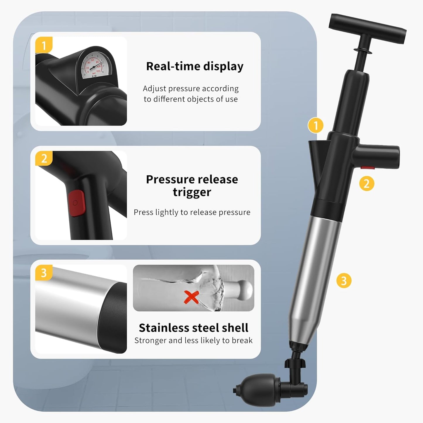 Toilet Plunger High Pressure Stainless Steel Unclogger
