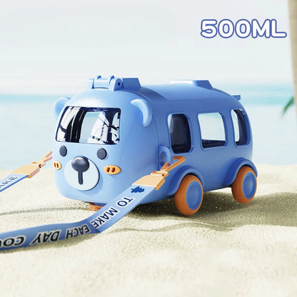 Cartoon Bus Water Bottle with Straw 16 oz