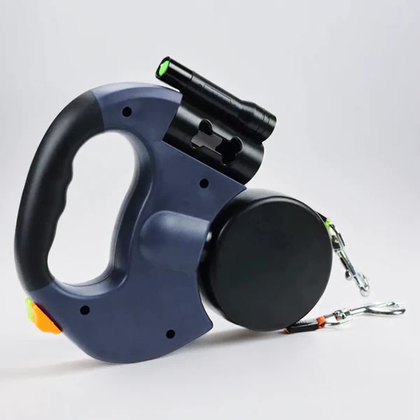 Dual Retractable Dog Leash with Flashlight and Waste Bag Holder
