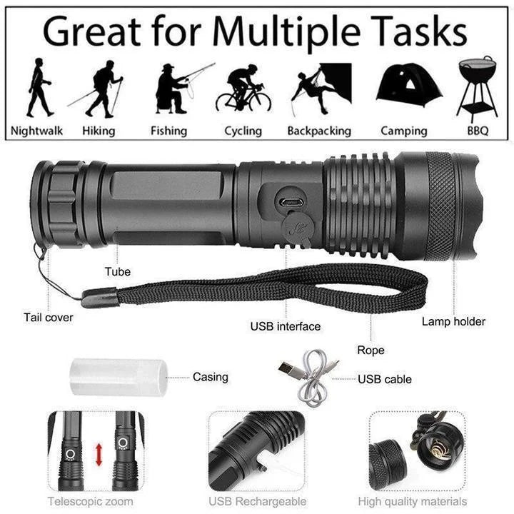 LED Rechargeable Flashlight Zoom Torch Aluminium Body