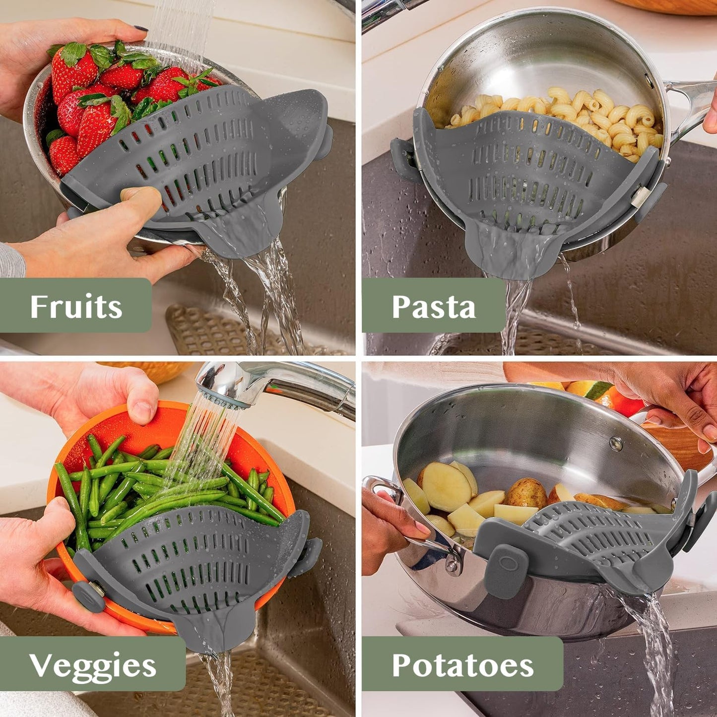 Silicone Clip-On Pasta Strainer Colander for Pots and Pans
